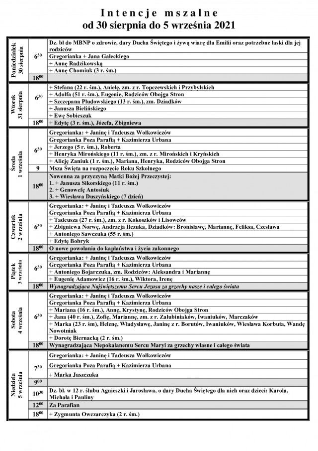 Intencje Mszalne 30.08 - 5.09.2021